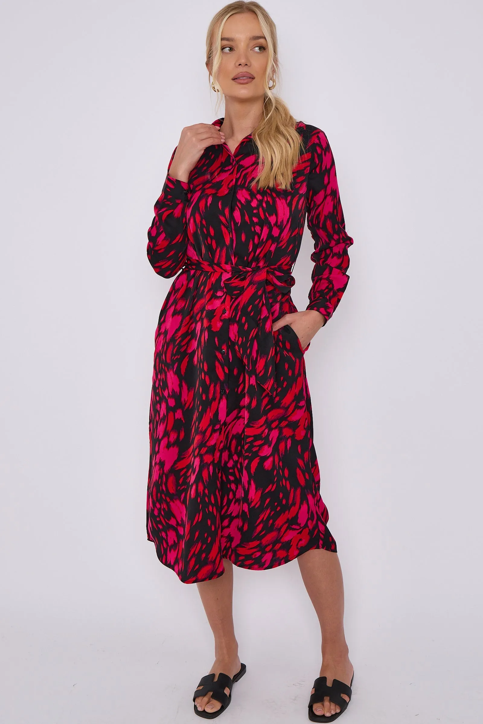 LOVE SUNSHINE Fuchsia Leopard Print Long Sleeve Midi Shirt Dress