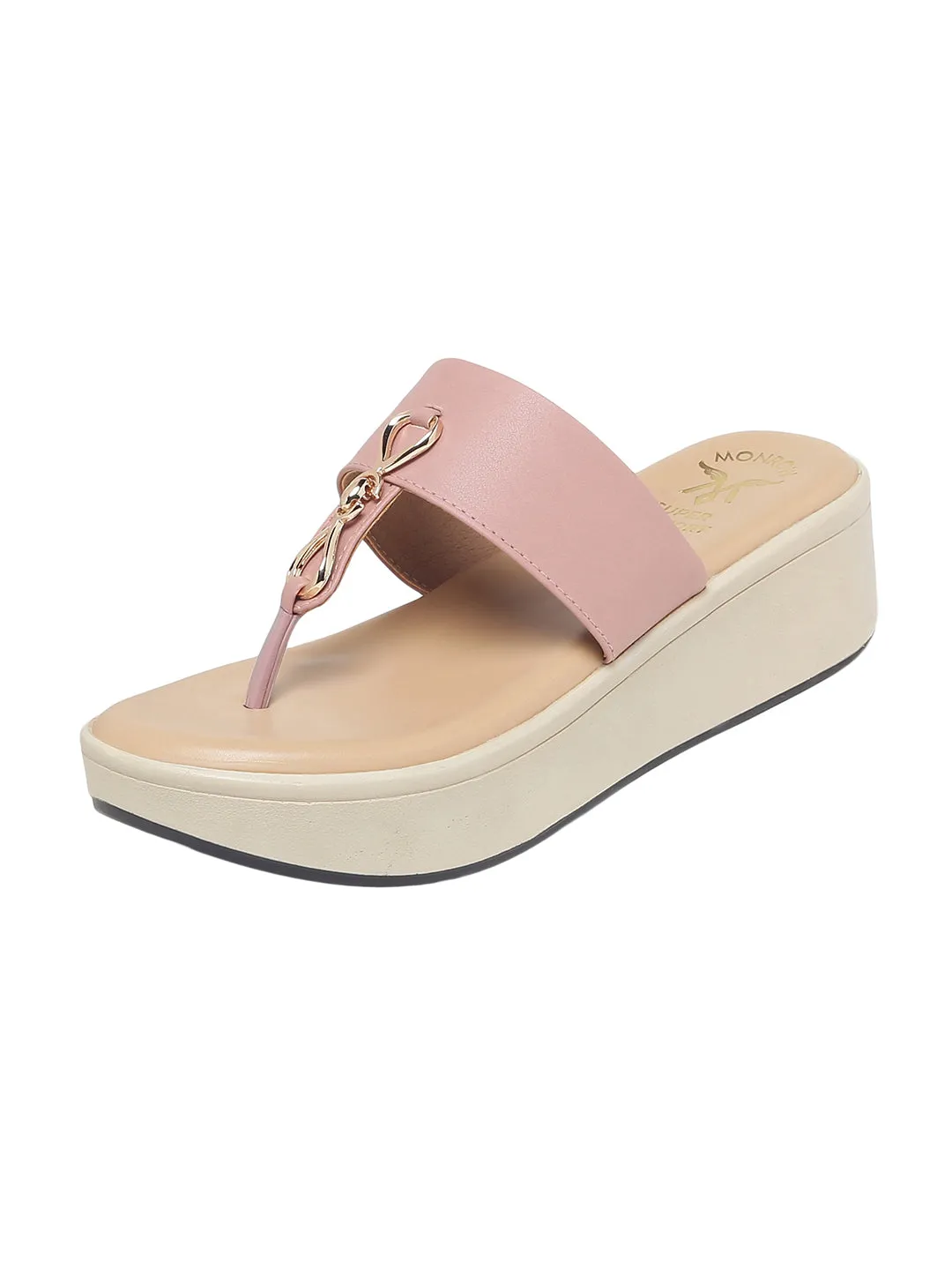 Meera T-Strap Gleam Trim Pink Flatform Sandals