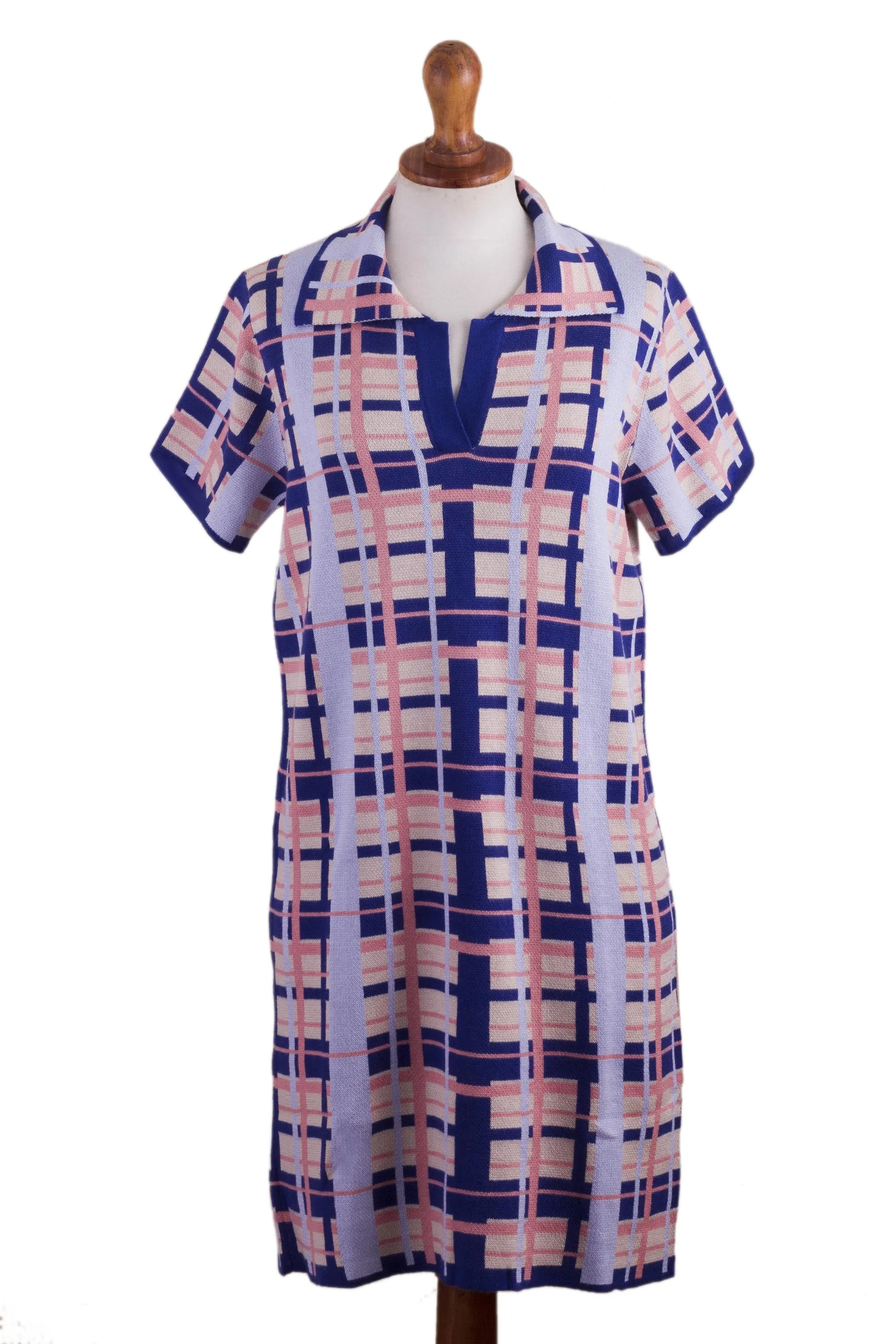 Melon Spring Hand Made Cotton Blend Plaid Polo Dress from Peru