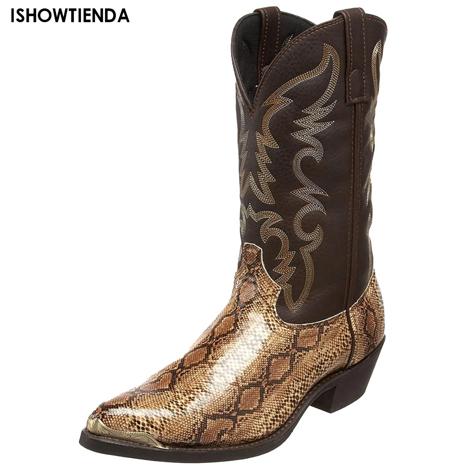 Men Western Cowboy Boots Mid-calf Pointed Toe Slip-on Serpentine Handmade Mens Boots Plus Size 38-48 Retro Men's Boots