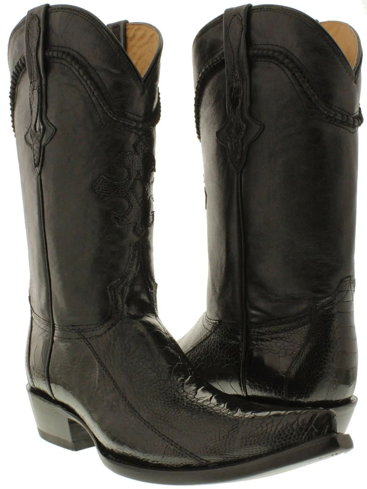 Men's Black Genuine Ostrich Foot Skin Cowboy Boots 3X Toe - CP1