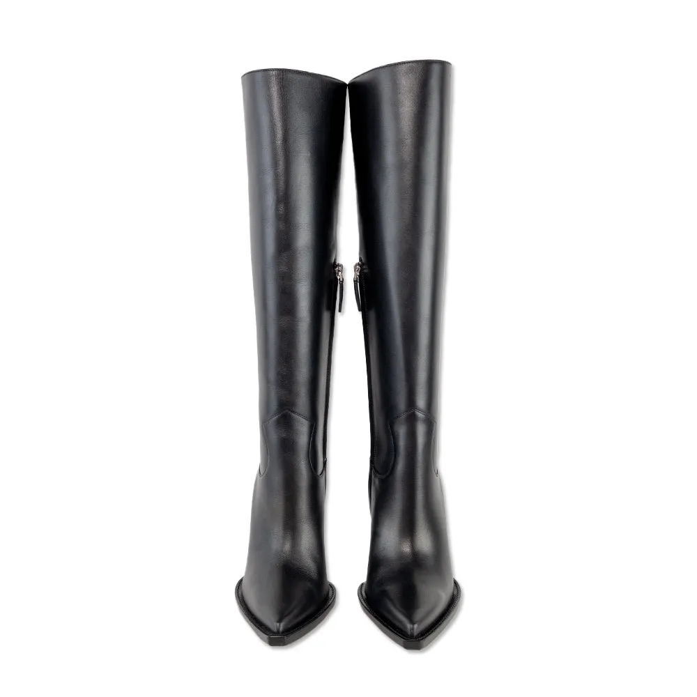 Michael Kors Collection Gwen Runway Black Leather Knee High Cowboy Boots