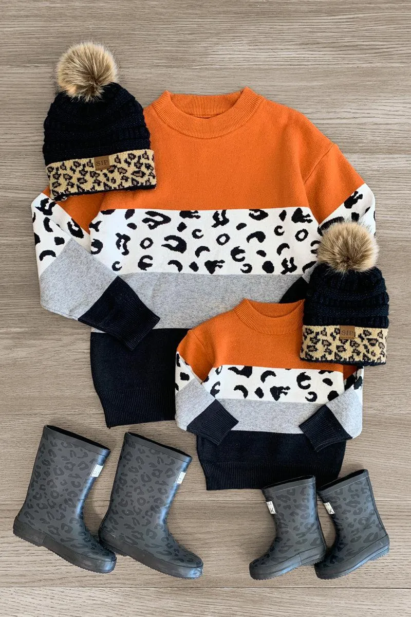 Mom & Me - Rust & Black Cheetah Colorblock Sweater