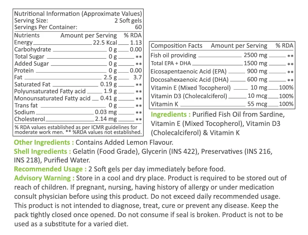 Muscle Nectar (MN) Omega 3 Fish Oil Triple Strength 2500mg for Men & Women - Molecularly Distilled (1500mg EPA/DHA) (120 Soft gels)