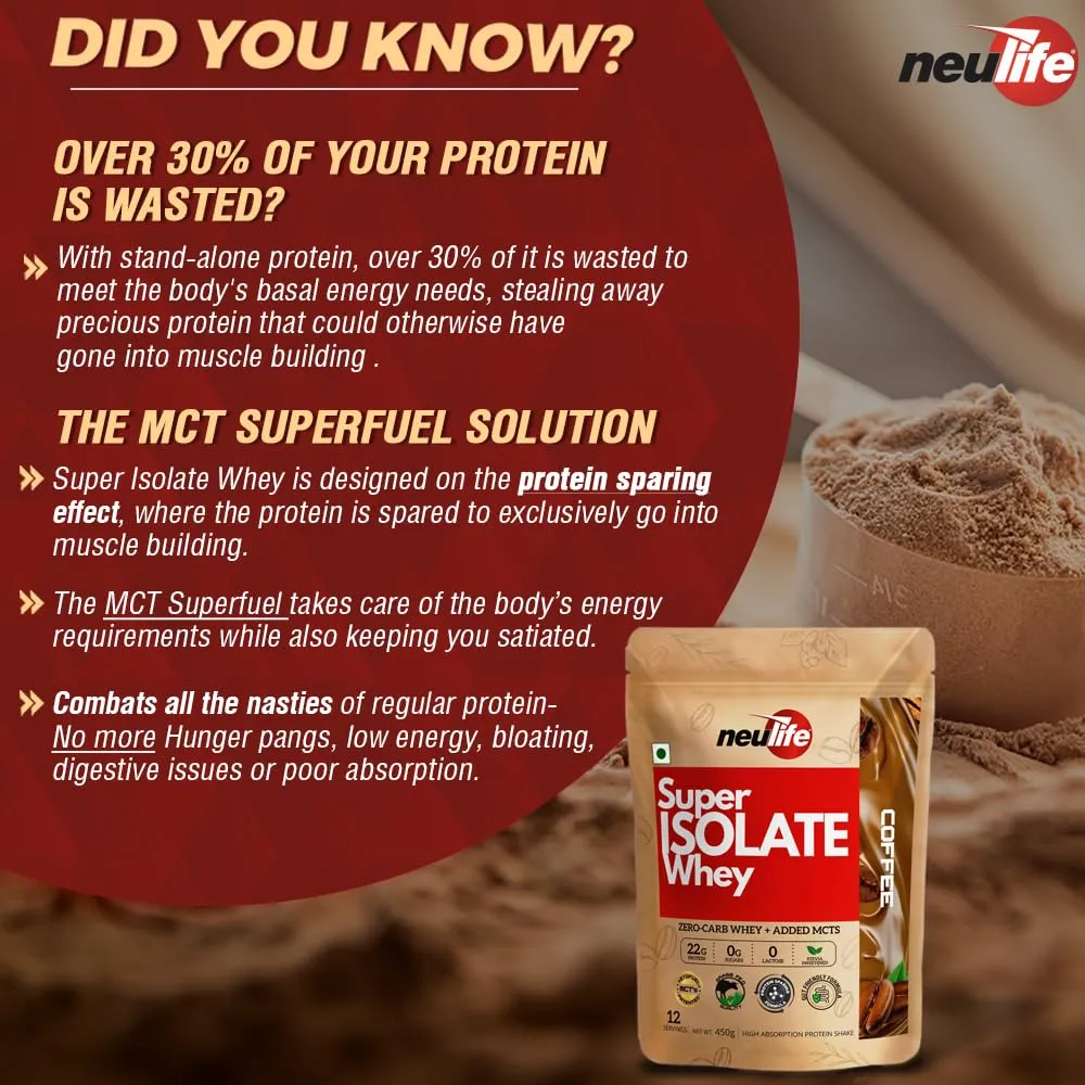 Neulife Super Isolate Whey | Next-Gen Whey Isolate Protein Powder for Biohackers 450g (Coffee)