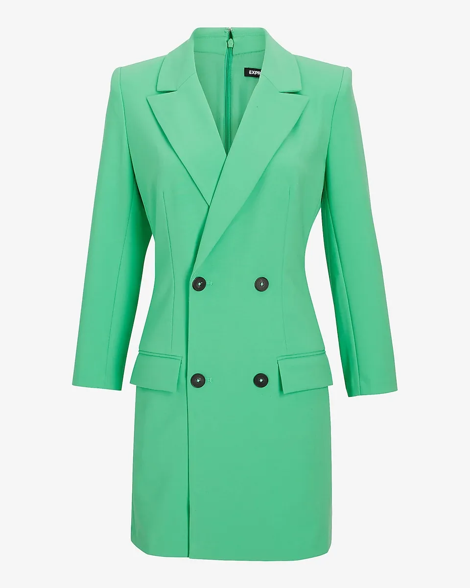 Notch Lapel Double Breasted Padded Shoulder Mini Blazer Dress in Bright Kelly