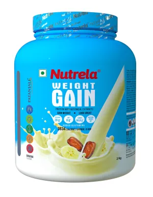 Nutrela Weight Gainer - 2KG | 20g Protein, 66.8 Carbs | Ideal for Athlete, Men, Women & Kids - Banana Flavour