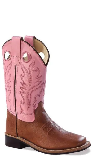 Old West Pink Childrens Girls Carona Calf Leather Square Toe Cowboy Boots