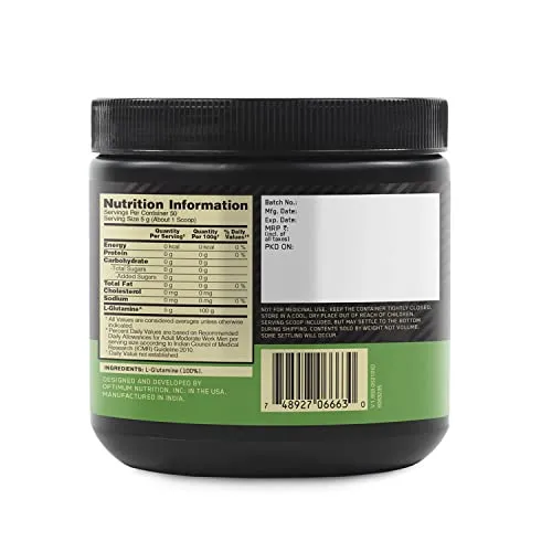 Optimum Nutrition L-Glutamine Powder, Amino Acid Support & Muscle Recovery, 5g Glutamine per serve, 250 Gram,Pack of 50 Serves