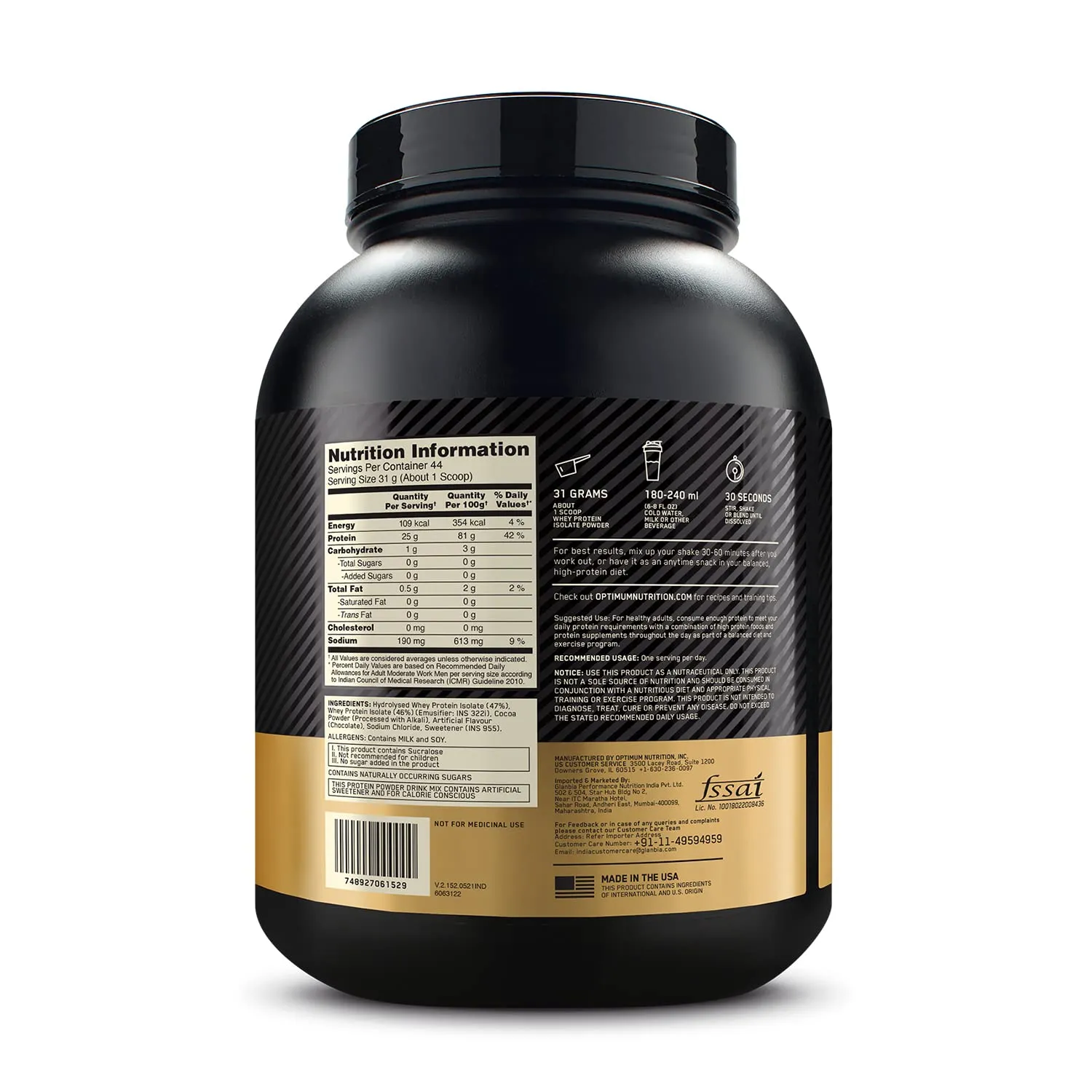 Optimum Nutrition (ON) Gold Standard 100% Isolate 3 lbs, 1.36 kg (Chocolate Bliss), for Muscle Support & Recovery, Vegetarian - 100% Protein from Whey Isolate