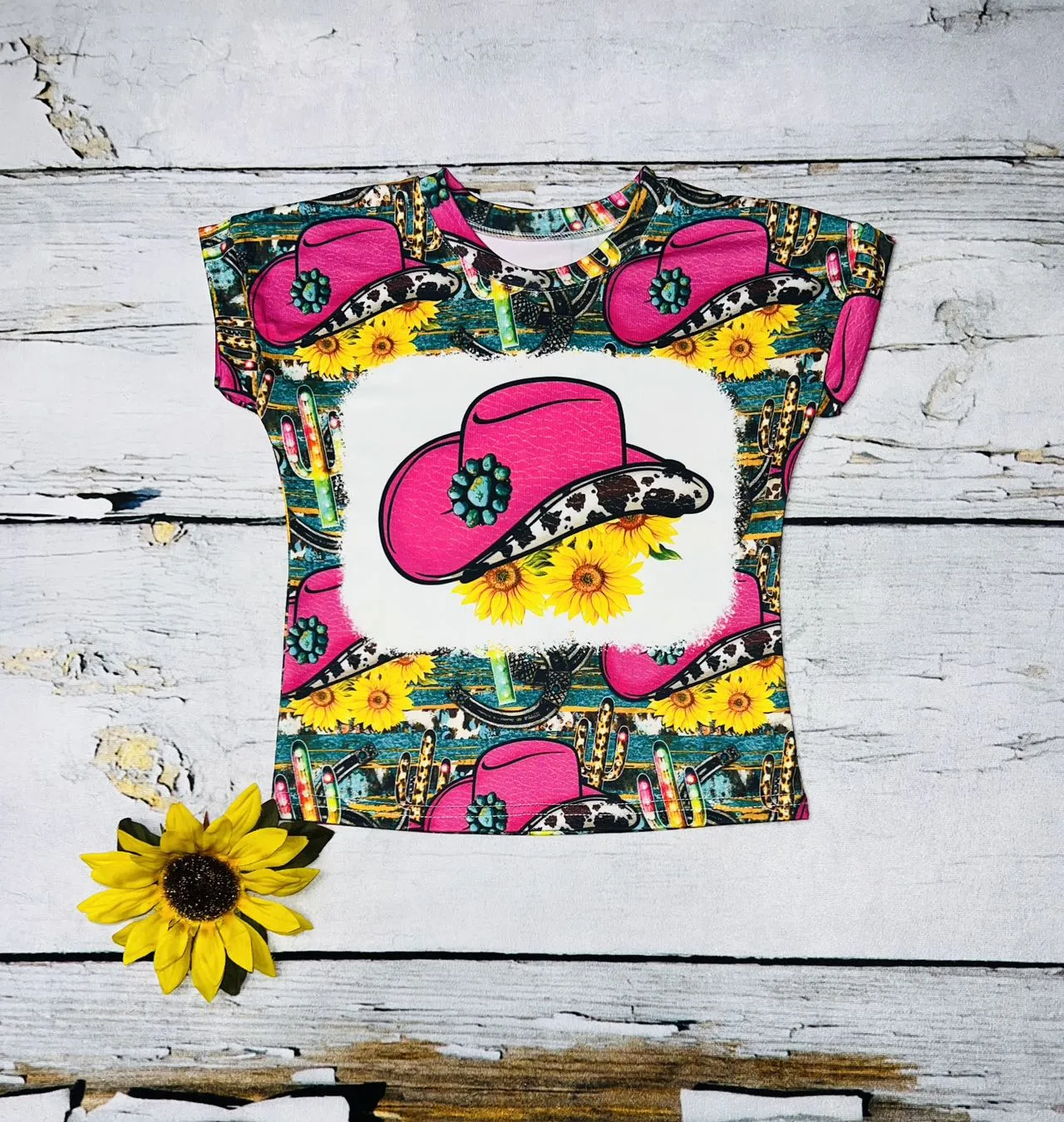 Pink cowboy hat, cactus, & sunflowers short sleeve top DLH0913-17