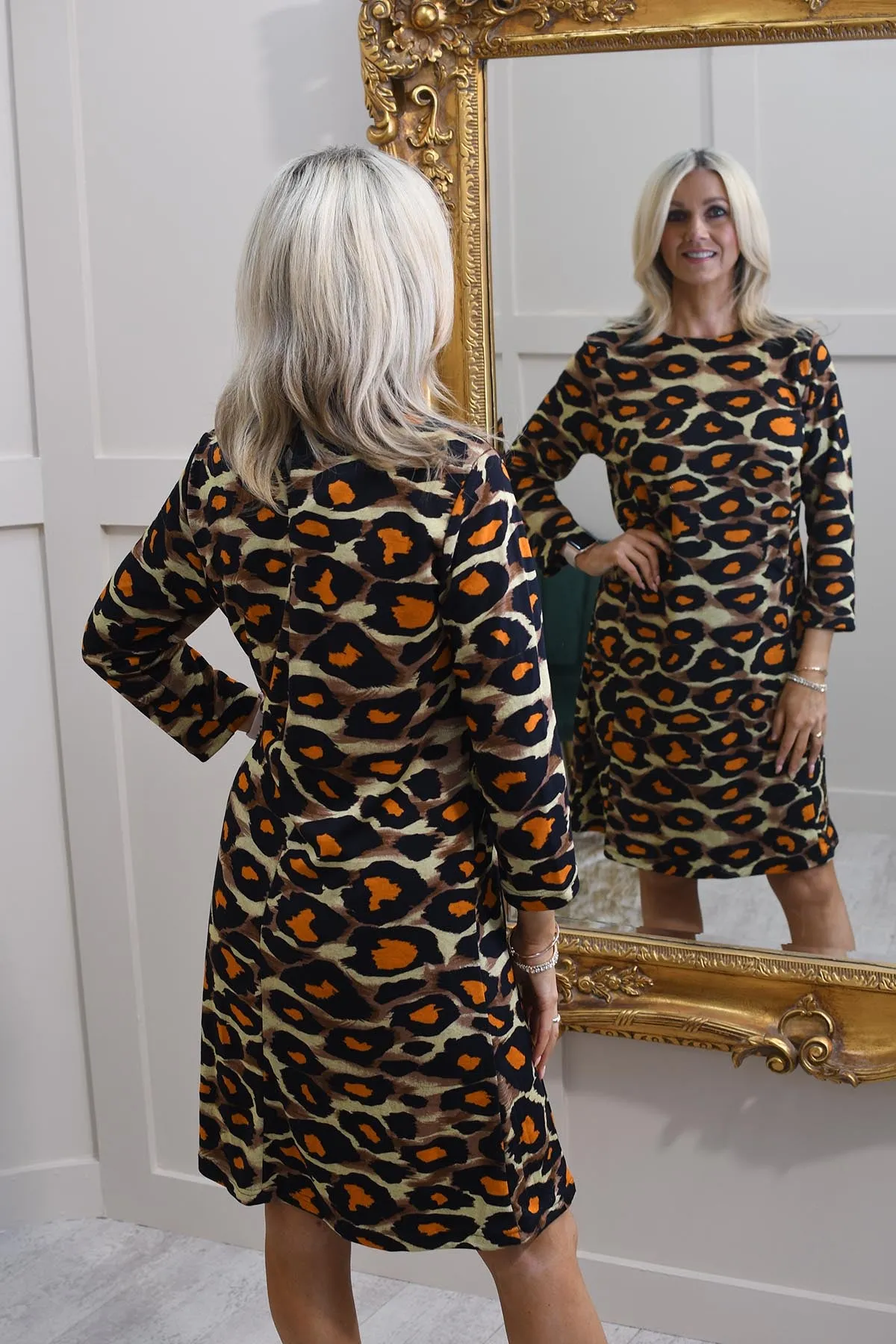 Pomodoro Orange Animal Print Dress With Faux Pocket Detail - 12456