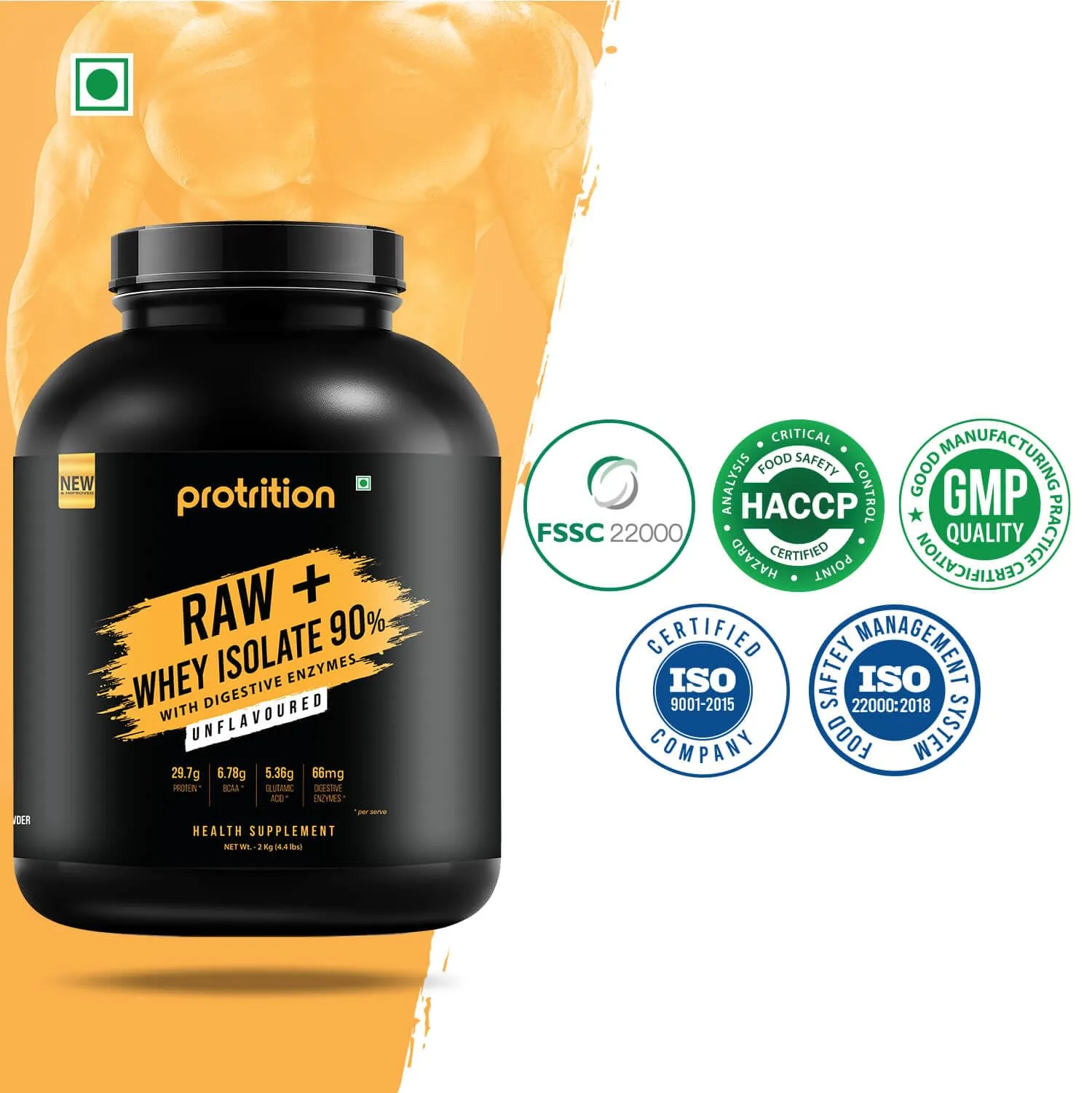 Protrition Raw  Whey Protein Isolate Powder 90% | Unflavoured - 2kg (60 Servings)| 29.7g Protein, 6.78g BCAA per SCOOP | Added Digestive Enzymes | Muscle Growth, Strength And Recovery