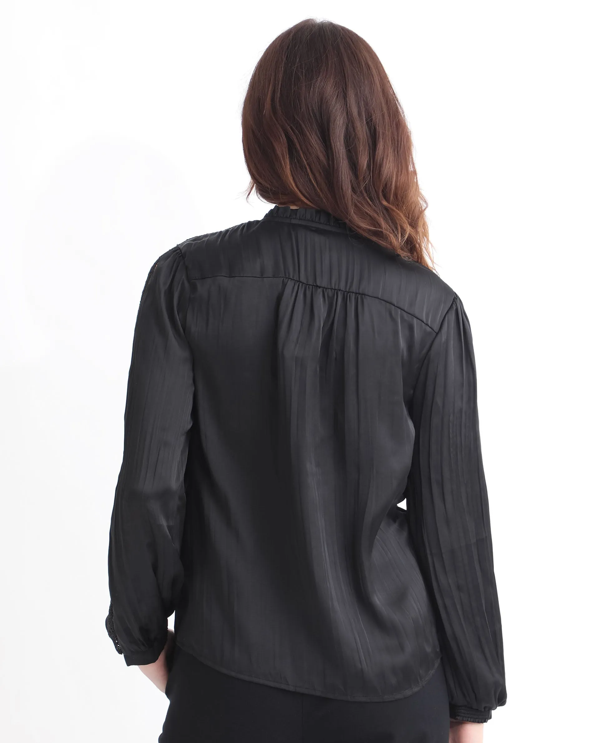 Rareism Women Darte Black Polyester Fabric Full Sleeves Button Closure Ruffled Neck Cuffed Sleeve Regular Fit Plain Top