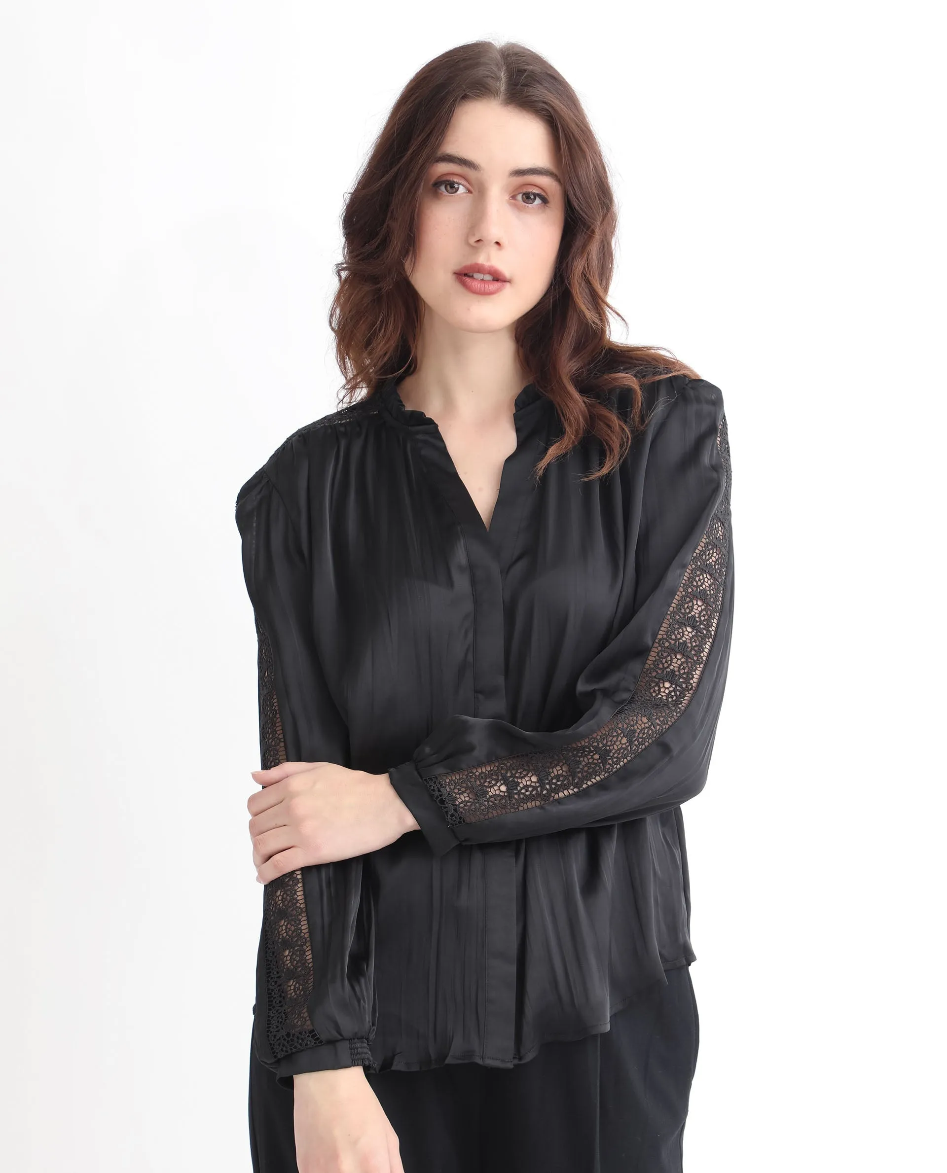 Rareism Women Darte Black Polyester Fabric Full Sleeves Button Closure Ruffled Neck Cuffed Sleeve Regular Fit Plain Top