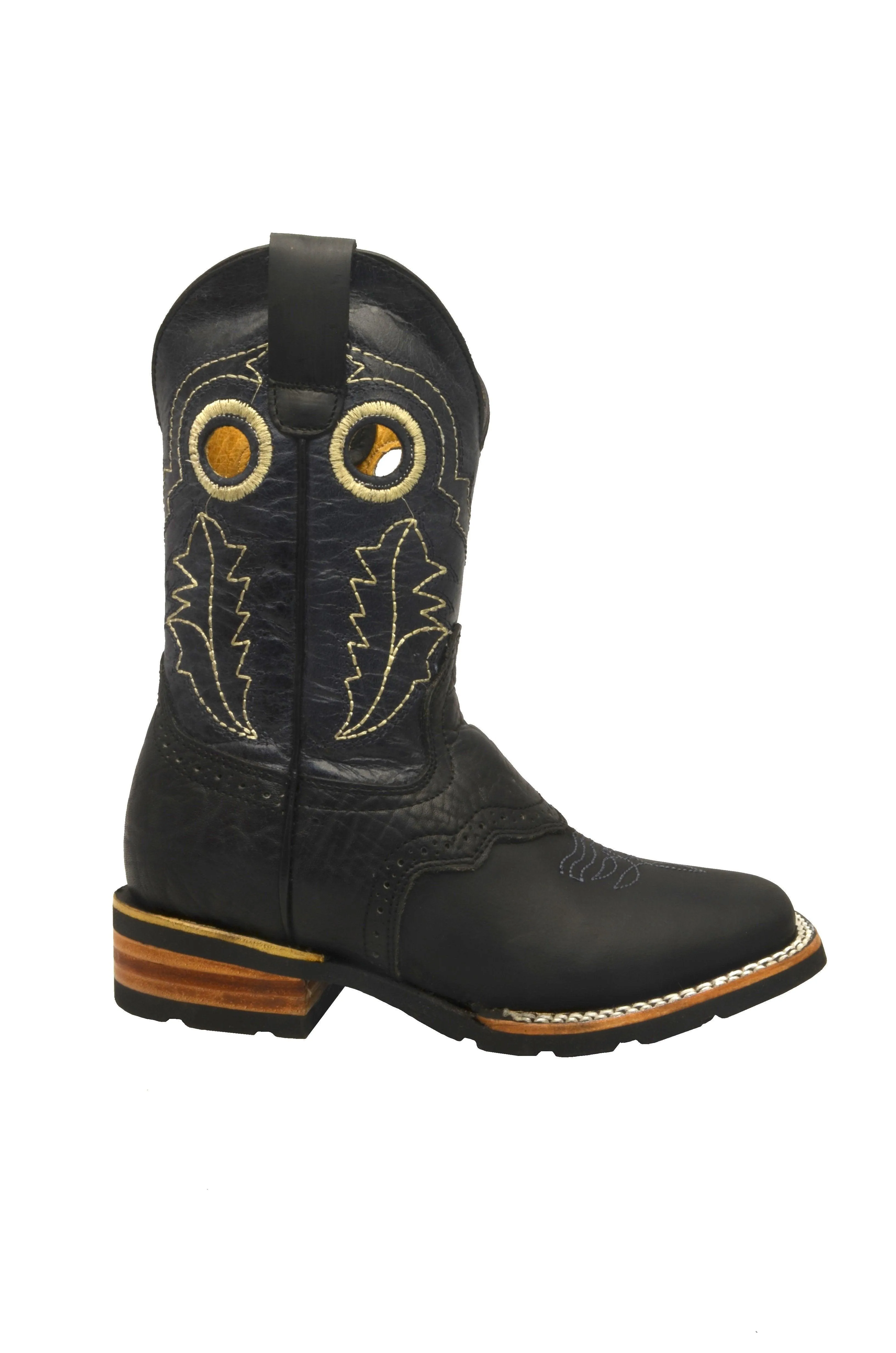 Redhawk Boy's Rodeo Bull Black Leather Square Toe Cowboy Boots 3001