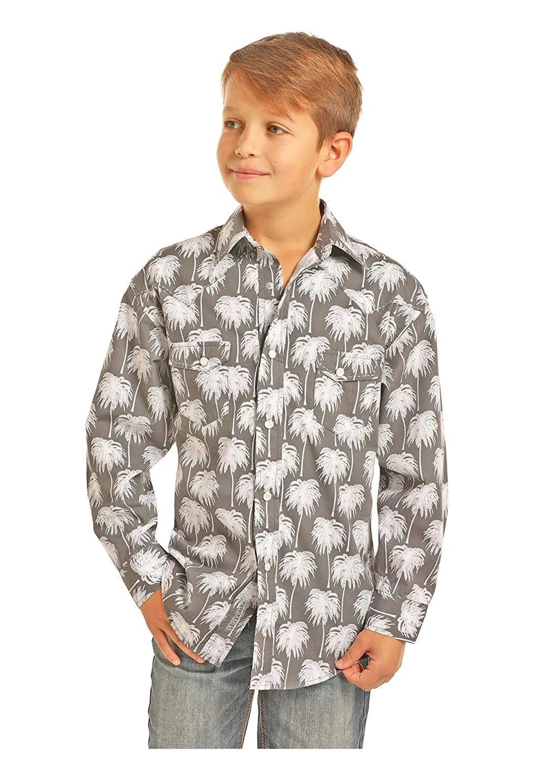 Rock & Roll Cowboy Poplin Palm Print Long Sleeve Snap Shirt, Medium