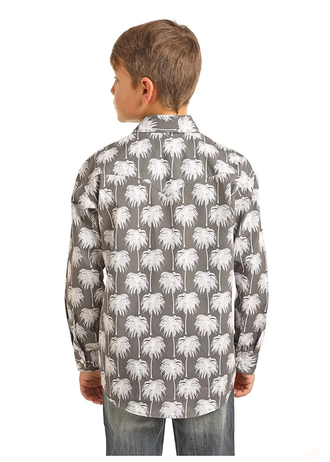 Rock & Roll Cowboy Poplin Palm Print Long Sleeve Snap Shirt, Medium