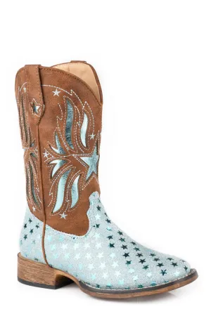 Roper Kids Girls Starlet Brown/Blue Faux Leather Cowboy Boots