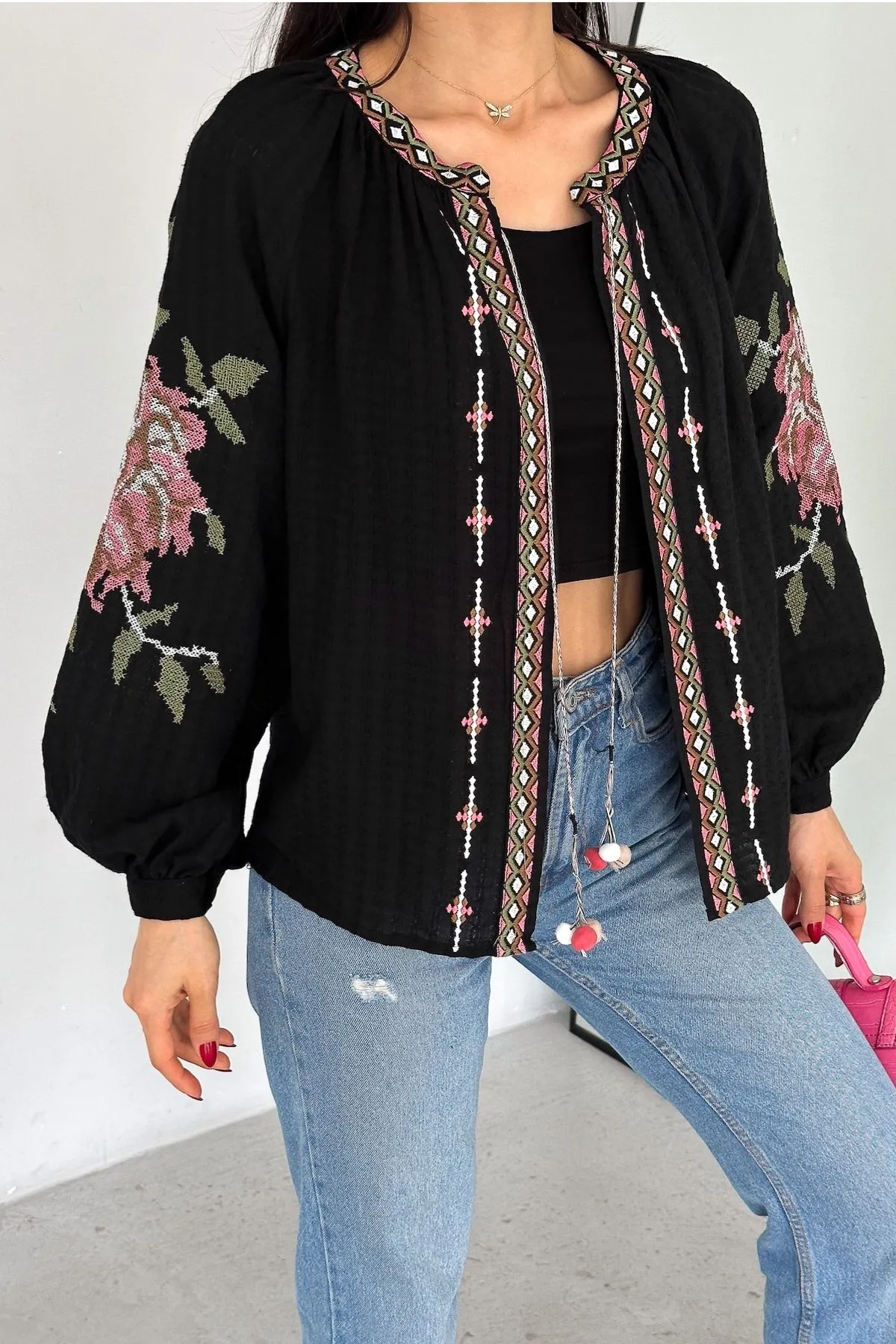 Rose Embroidered Pompom Vintage Loose Jacket,Floral Embroidered Boho Chic Outerwear,Bohemian Jacket,Retro Rose Design Hippie Chic Jacket