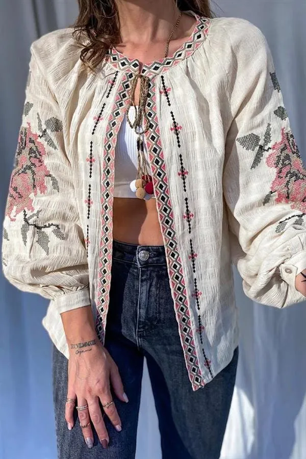 Rose Embroidered Pompom Vintage Loose Jacket,Floral Embroidered Boho Chic Outerwear,Bohemian Jacket,Retro Rose Design Hippie Chic Jacket