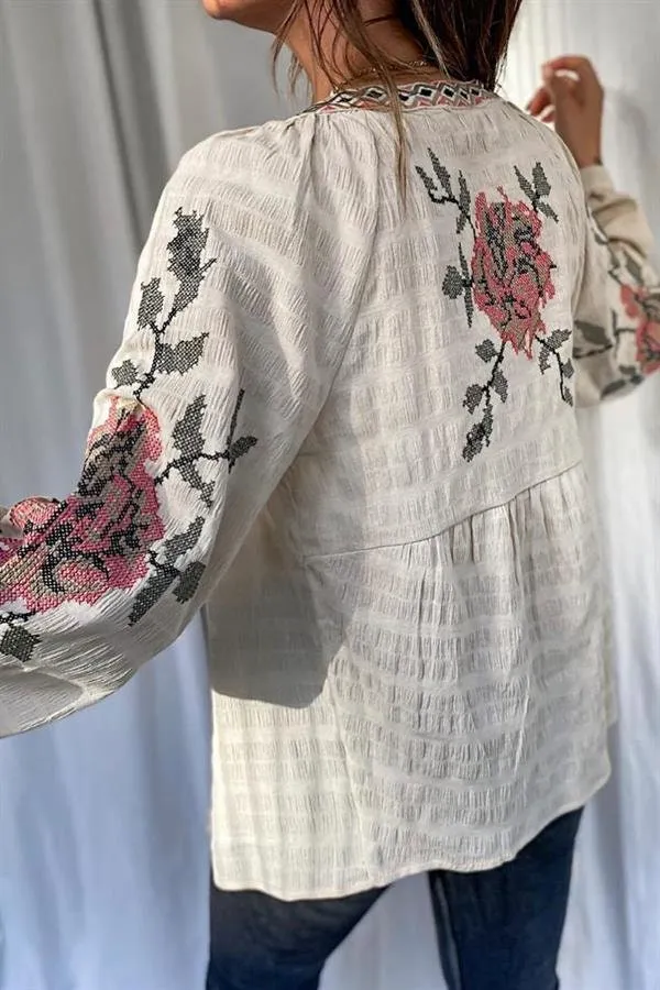 Rose Embroidered Pompom Vintage Loose Jacket,Floral Embroidered Boho Chic Outerwear,Bohemian Jacket,Retro Rose Design Hippie Chic Jacket