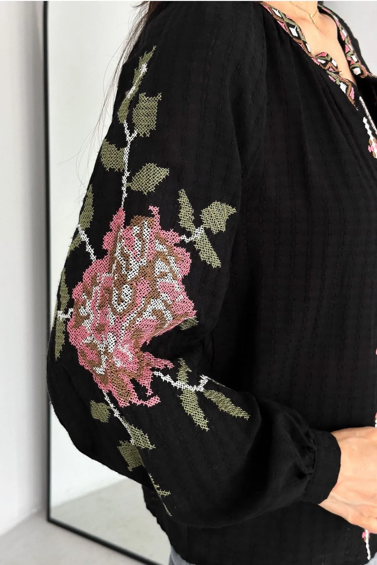 Rose Embroidered Pompom Vintage Loose Jacket,Floral Embroidered Boho Chic Outerwear,Bohemian Jacket,Retro Rose Design Hippie Chic Jacket