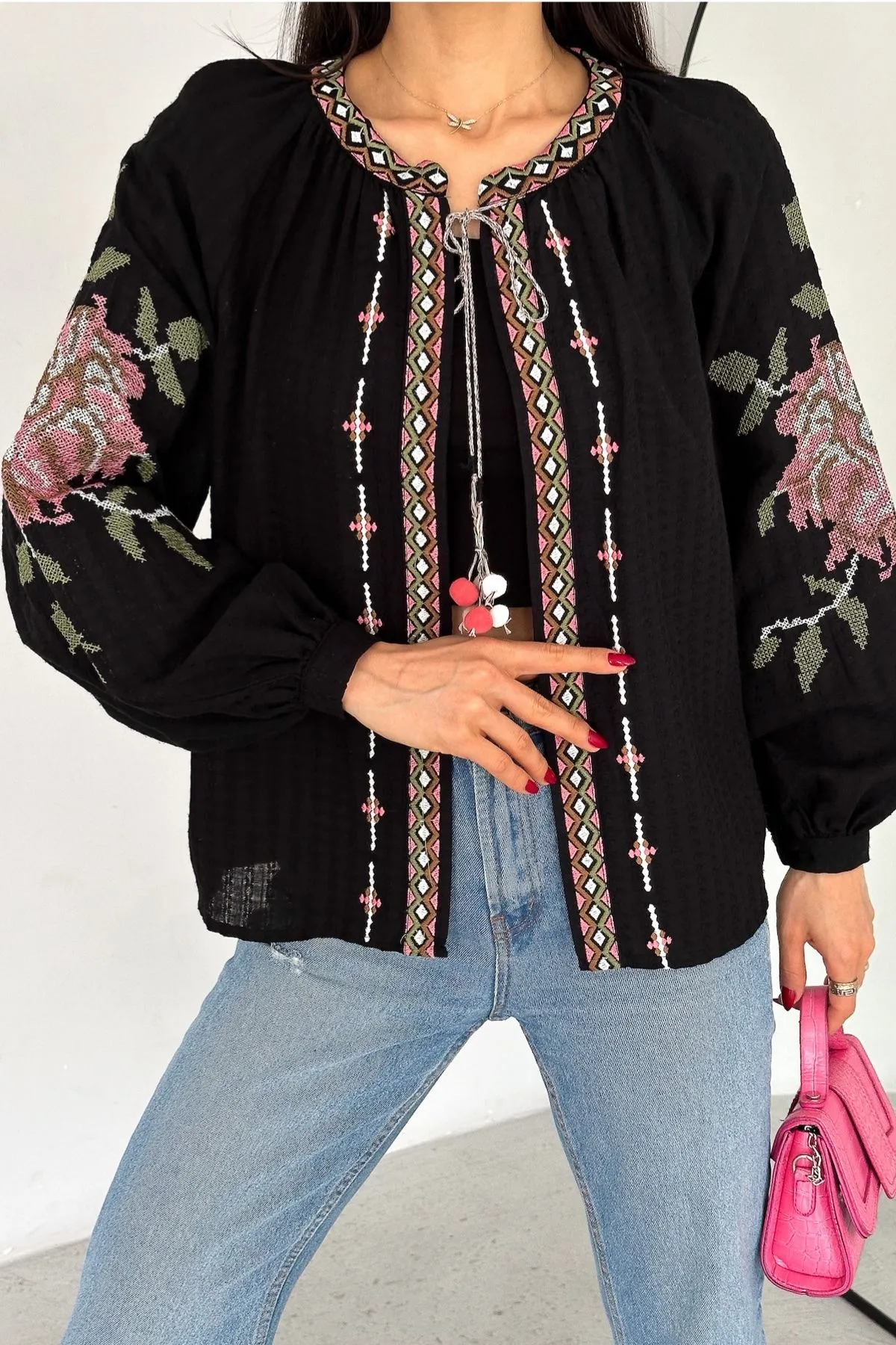 Rose Embroidered Pompom Vintage Loose Jacket,Floral Embroidered Boho Chic Outerwear,Bohemian Jacket,Retro Rose Design Hippie Chic Jacket