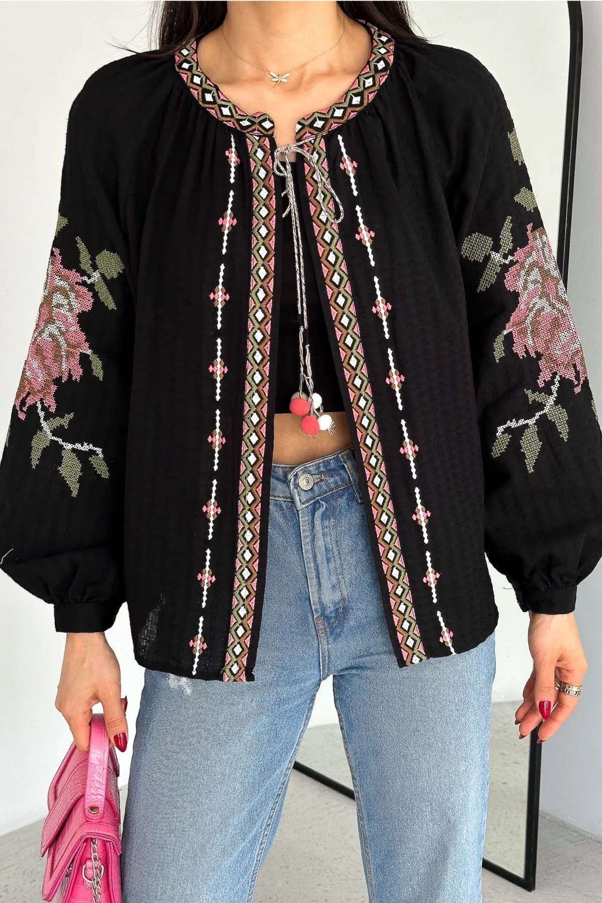 Rose Embroidered Pompom Vintage Loose Jacket,Floral Embroidered Boho Chic Outerwear,Bohemian Jacket,Retro Rose Design Hippie Chic Jacket