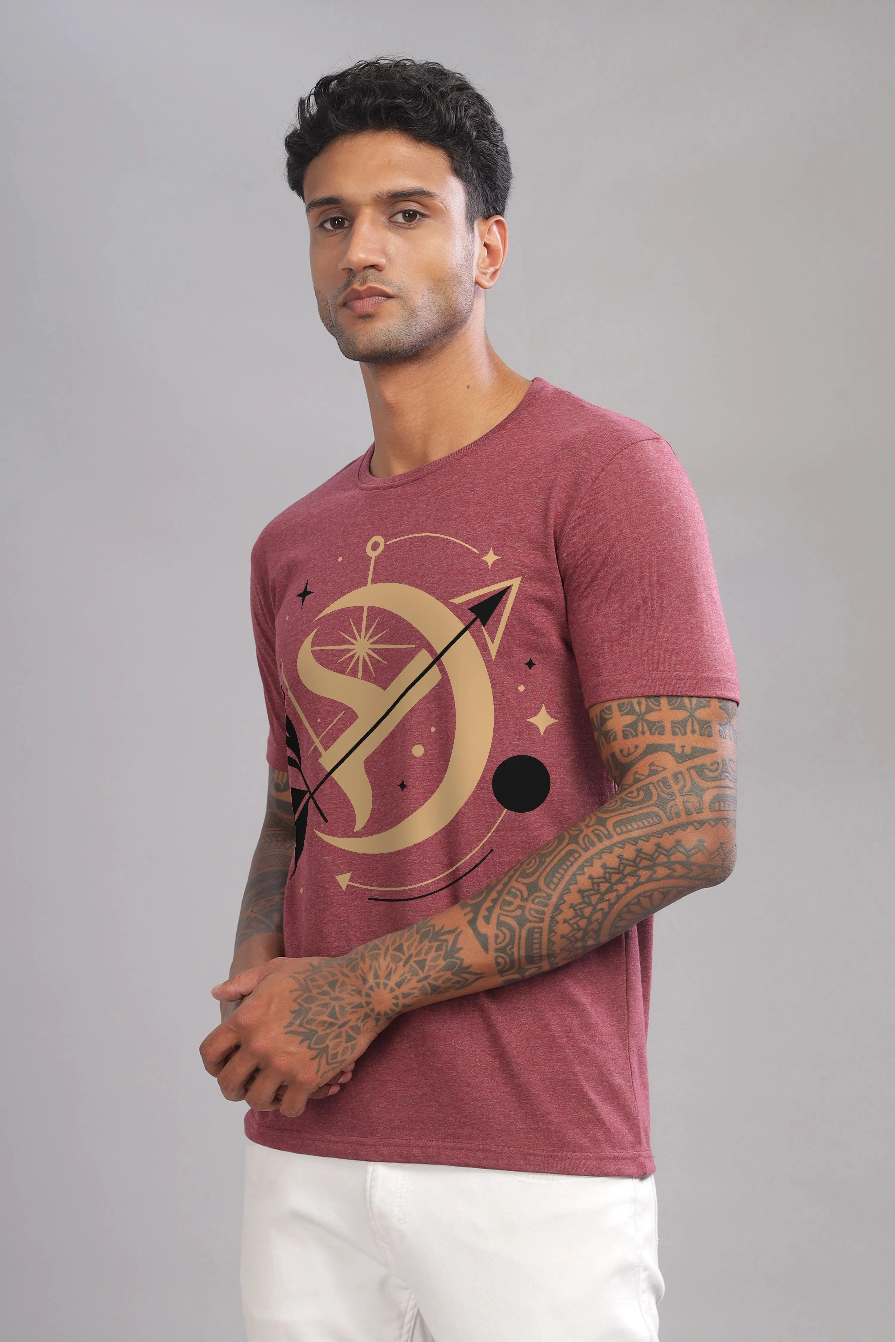 Starry Sagittarian Maroon Half Sleeve Printed Round Neck T-Shirt