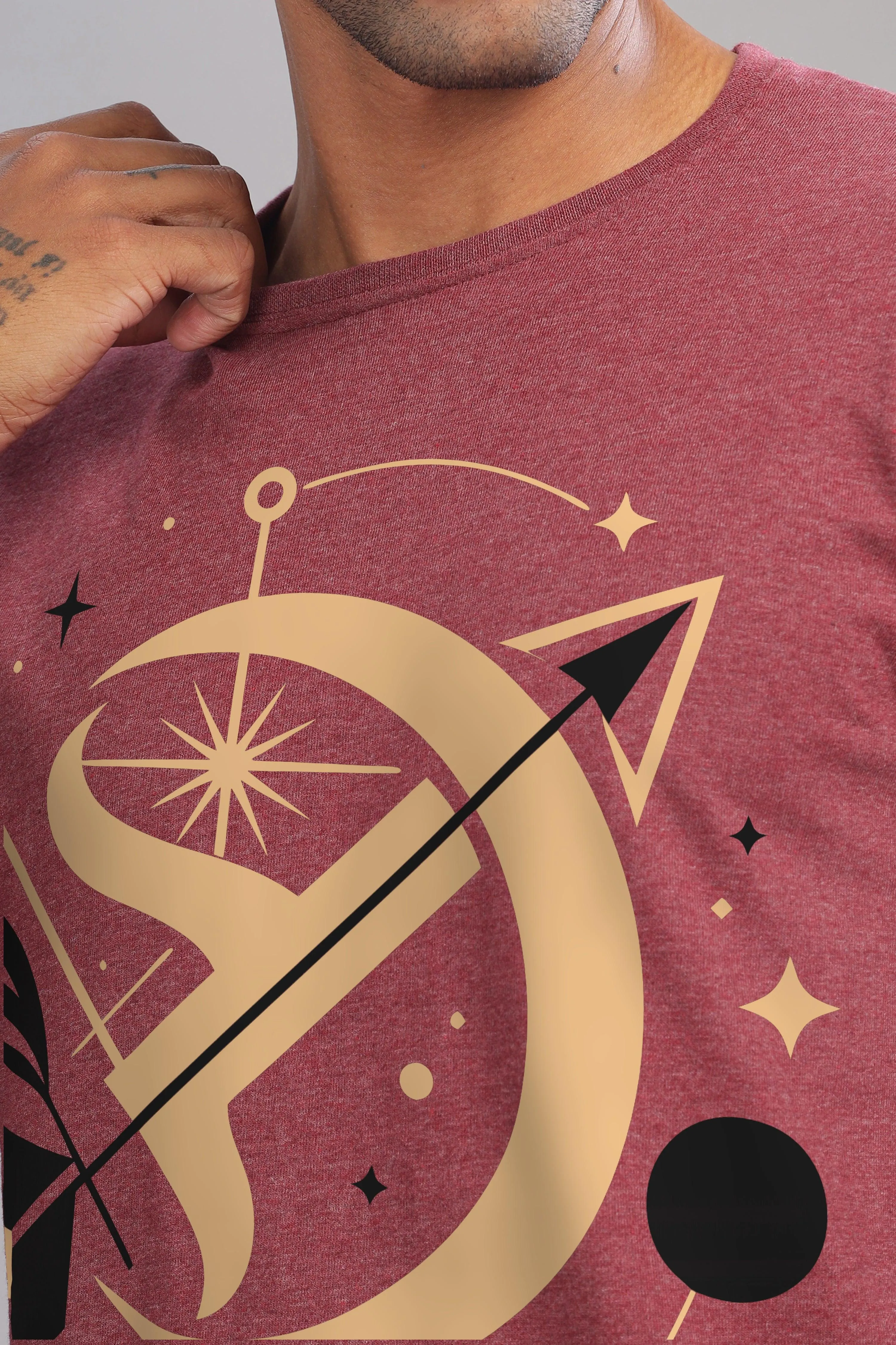 Starry Sagittarian Maroon Half Sleeve Printed Round Neck T-Shirt