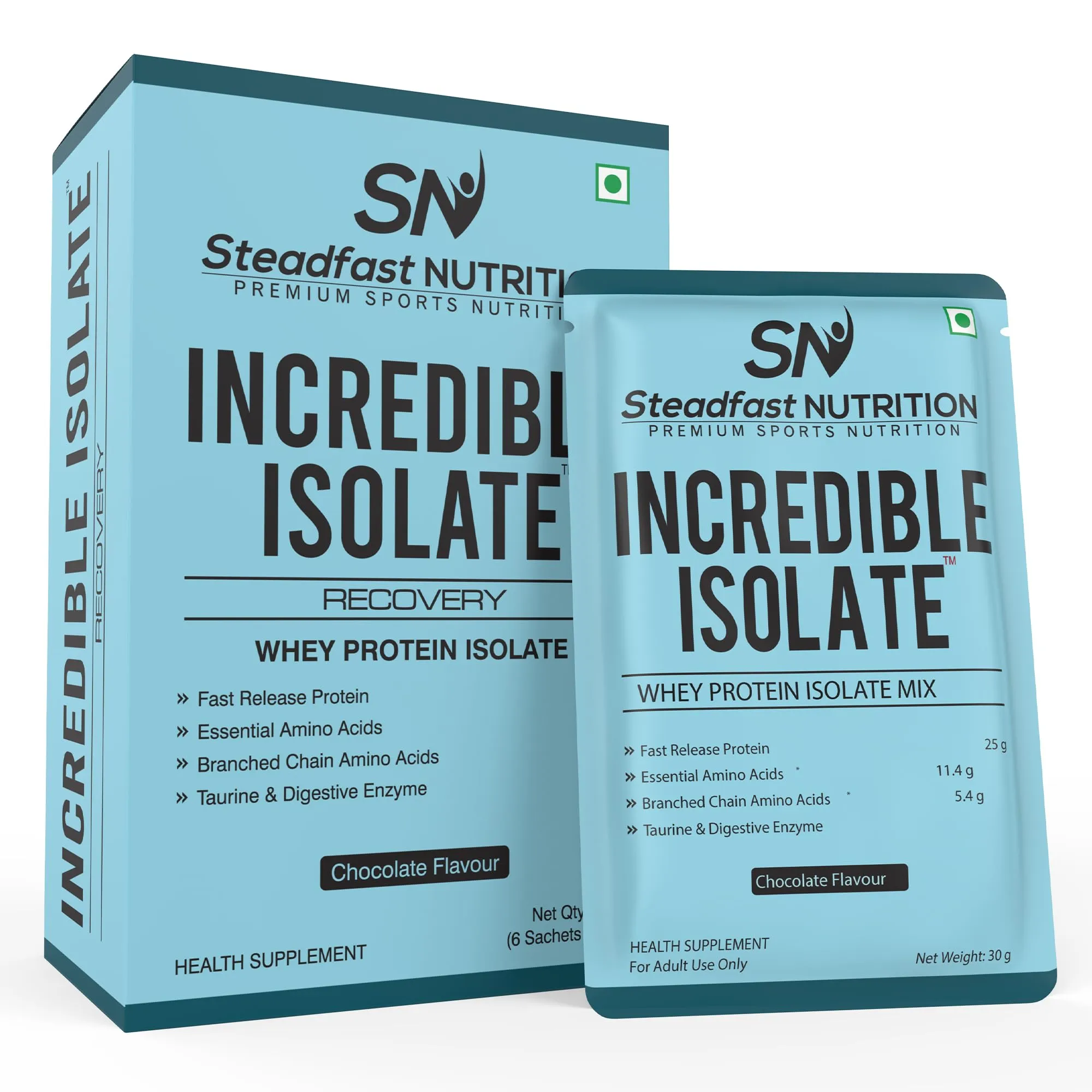 Steadfast Nutrition Incredible Isolate Whey Isolate Protein |100% Pure Isolate Powder with 25g Protein |Muscle Building & Weight Loss Supplement | Instant muscle recovery (Chocolate, 6 Sachets)