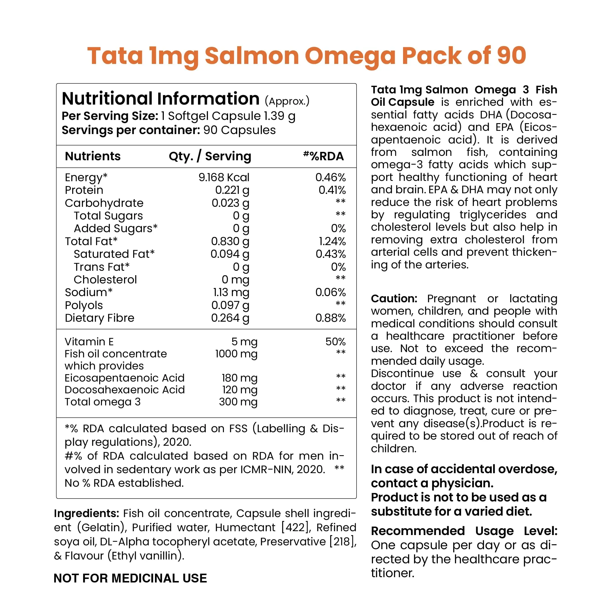 TATA 1mg Salmon Omega 3 Fish Oil 1000mg, Fish Oil Capsule with Omega-3 (1000mg), EPA (180mg) & DHA (120mg) for Brain, Heart, Joints Health (Pack Of 90 Capsules)