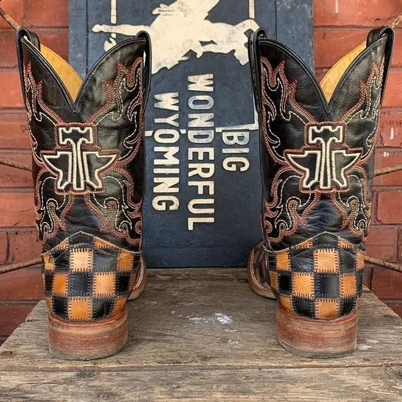 TIN HAUL Checkerboard Patchwork Heart Square Toe Cowboy Cowgirl Western Boots