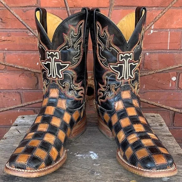 TIN HAUL Checkerboard Patchwork Heart Square Toe Cowboy Cowgirl Western Boots