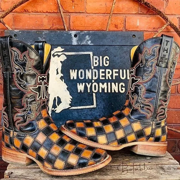 TIN HAUL Checkerboard Patchwork Heart Square Toe Cowboy Cowgirl Western Boots