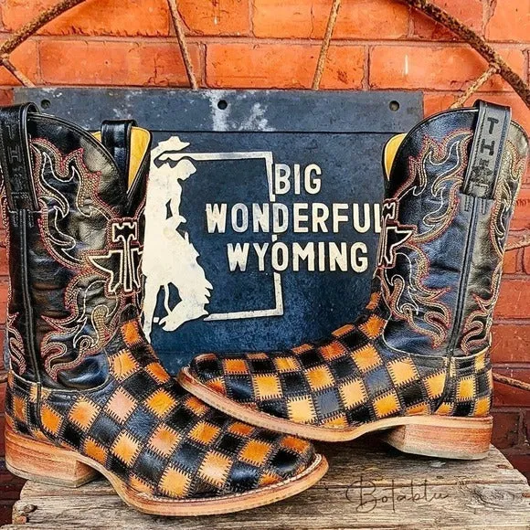 TIN HAUL Checkerboard Patchwork Heart Square Toe Cowboy Cowgirl Western Boots