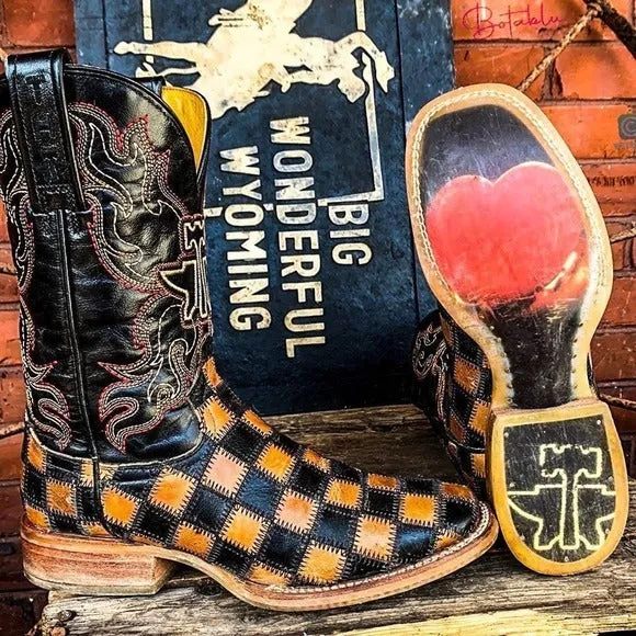 TIN HAUL Checkerboard Patchwork Heart Square Toe Cowboy Cowgirl Western Boots