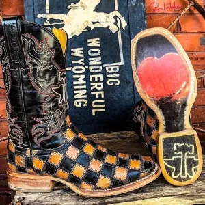 TIN HAUL Checkerboard Patchwork Heart Square Toe Cowboy Cowgirl Western Boots