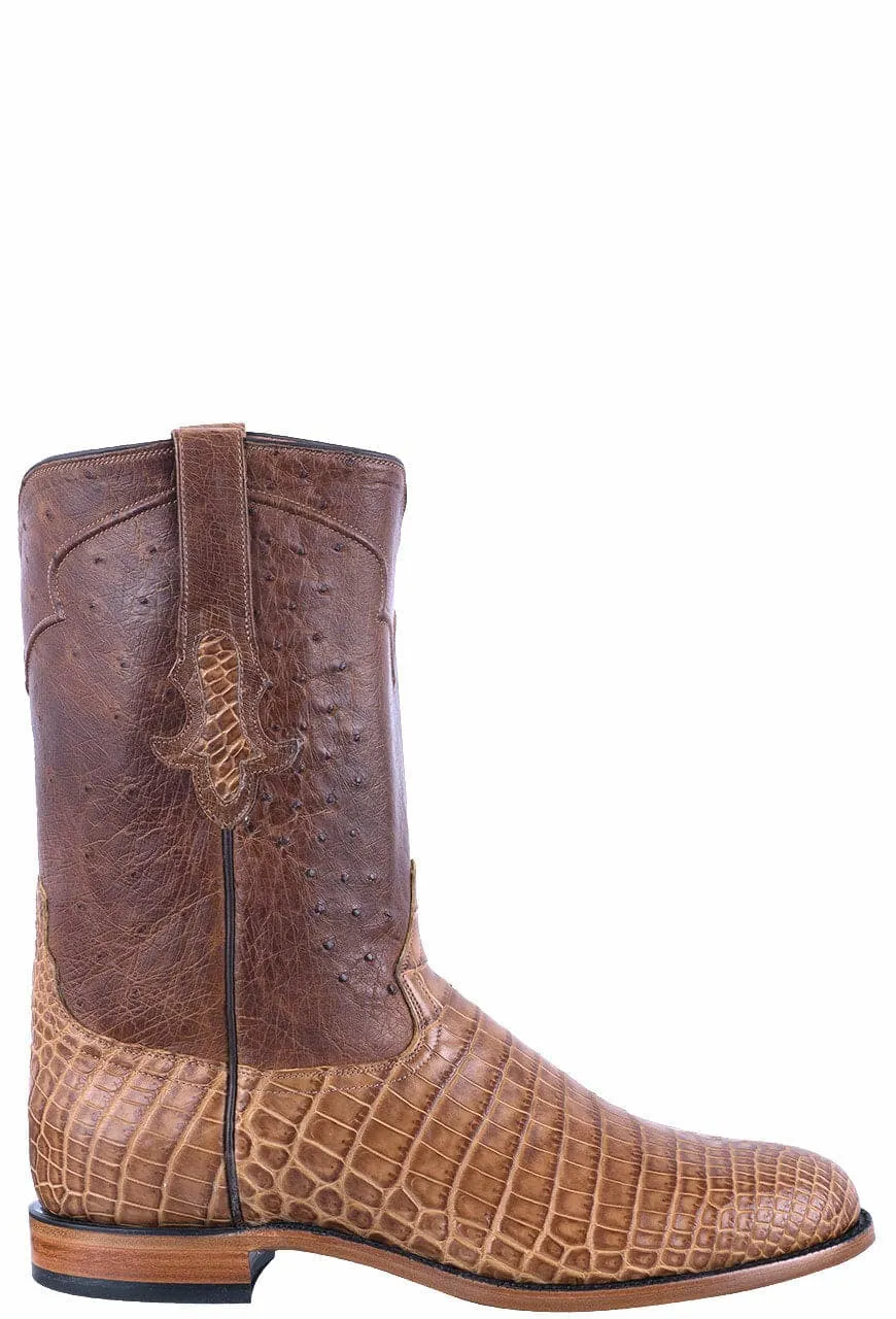 Tony Lama Men's Smooth Ostrich, Crocodile Belly Signature Series Roper Boots - Saddle Vintage