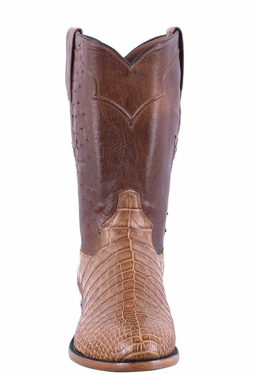 Tony Lama Men's Smooth Ostrich, Crocodile Belly Signature Series Roper Boots - Saddle Vintage