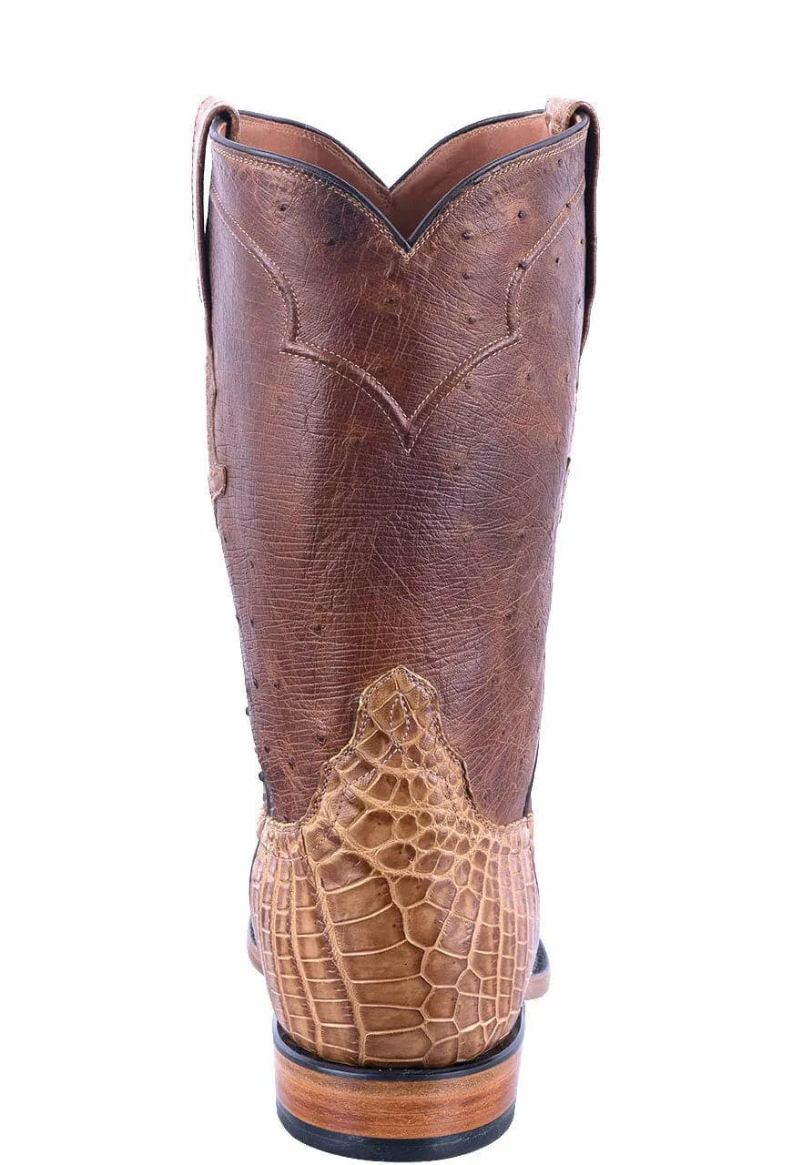 Tony Lama Men's Smooth Ostrich, Crocodile Belly Signature Series Roper Boots - Saddle Vintage