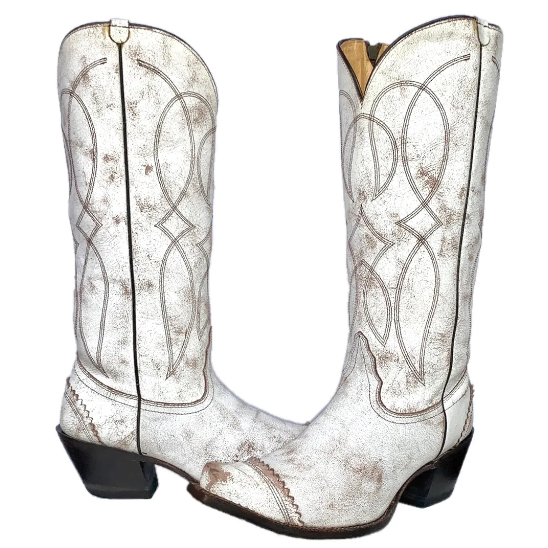 TONY LAMA White Tall Knee High Zippered Cowboy Western Boots