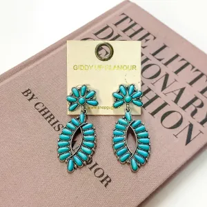 Western Oval Outline Cluster Drop Earrings in Turquoise Blue