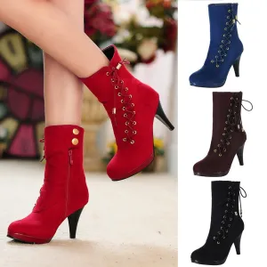 Women Rome Solid High Heel Thin Zipper Warm Flock Ankle Boots Round Toe Shoes