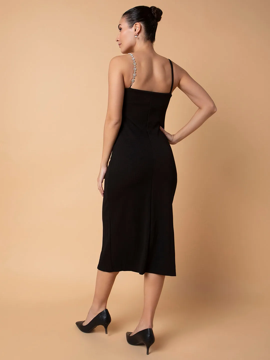 Women Solid Black Midi Sheath Dress