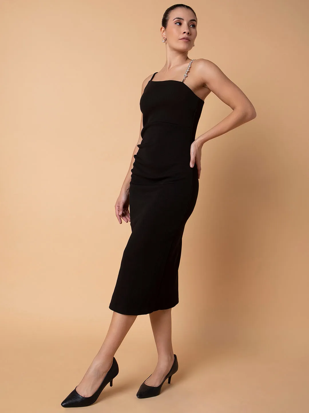 Women Solid Black Midi Sheath Dress