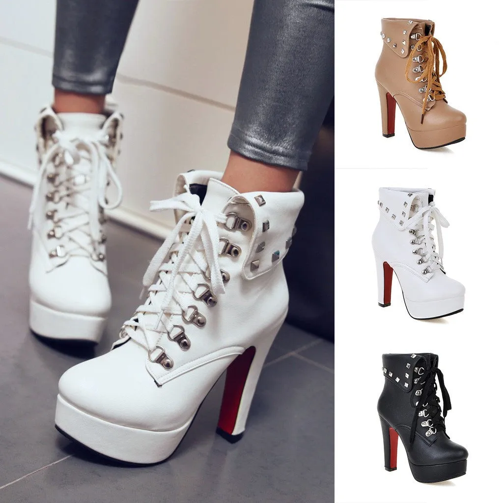 Women Solid Metal Rivet Thick Super High Heel Ankle Boots Round Toe Shoes