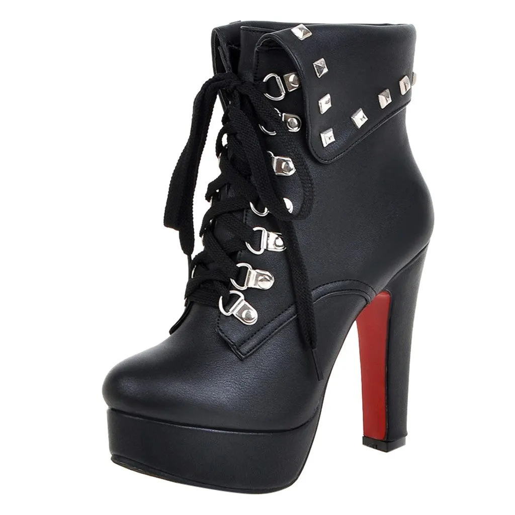 Women Solid Metal Rivet Thick Super High Heel Ankle Boots Round Toe Shoes