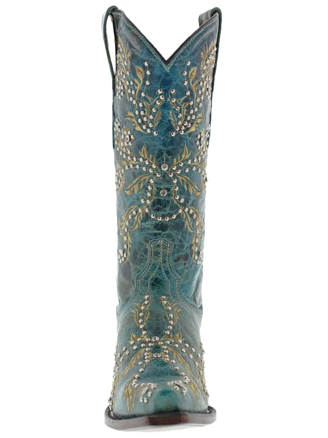 Womens Malaga Turquoise Leather Cowboy Boots Embroidered - Snip Toe